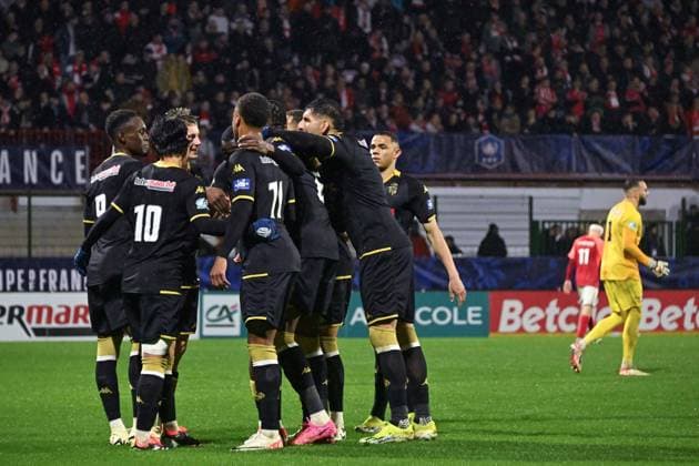 Balogun Folarin ( 9 - Monaco ) celebrates with teammates during the French Cup match between Quevilly Rouen Metropole and AS Monaco at Stade Robert Diochon on February 08, 2024 in Rouen, France. ( Photo by federico pestellini panoramic ) - FOOTBALL : Rouen vs Monaco - Coupe de France - 08 02 2024 FedericoPestellini Panoramic 