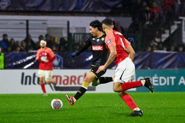 Minamino Takumi ( 10 - Monaco ) during the French Cup match between FC Rouen Metropole and AS Monaco at Stade Robert Diochon on February 08, 2024 in Rouen, France. ( Photo by federico pestellini panoramic ) - FOOTBALL : Rouen vs Monaco - Coupe de France - 08 02 2024 FedericoPestellini Panoramic 