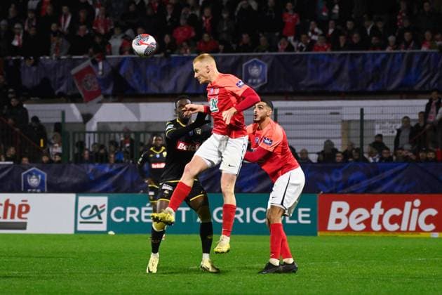 Sanson Valentin ( 5 - Rouen ) during the French Cup match between FC Rouen Metropole and AS Monaco at Stade Robert Diochon on February 08, 2024 in Rouen, France. ( Photo by federico pestellini panoramic ) - FOOTBALL : Rouen vs Monaco - Coupe de France - 08 02 2024 FedericoPestellini Panoramic 