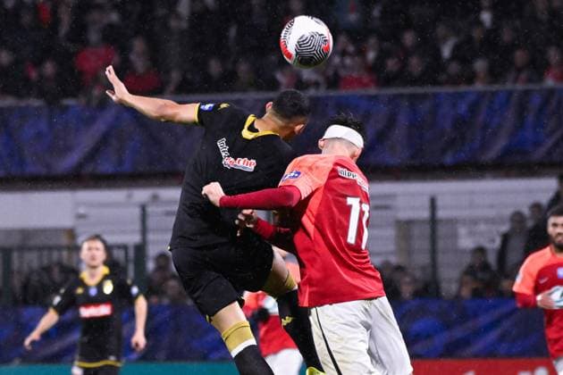VANDERSON De Oliveira ( 2 - Monaco ) and Mion Mathieu ( 11 - Rouen ) during the French Cup match between FC Rouen Metropole and AS Monaco at Stade Robert Diochon on February 08, 2024 in Rouen, France. ( Photo by federico pestellini panoramic ) - FOOTBALL : Rouen vs Monaco - Coupe de France - 08 02 2024 FedericoPestellini Panoramic 