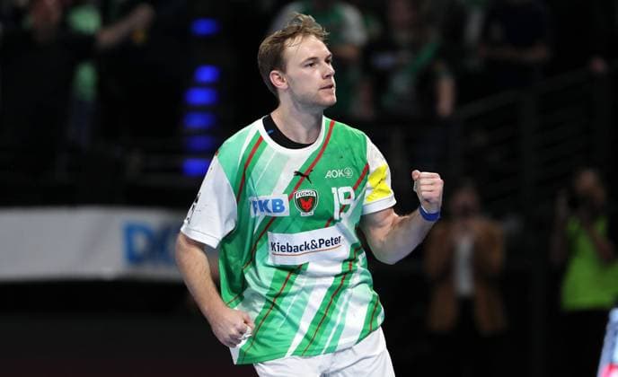 Mathias Gidsel jubelt nach Torerfolg Freude Emotion Jubel Handball HBL Bundesliga Herren 12.Spieltag Saison 2023 2024 08.02.2024 Füchse Berlin vs SG Flensburg Handewitt