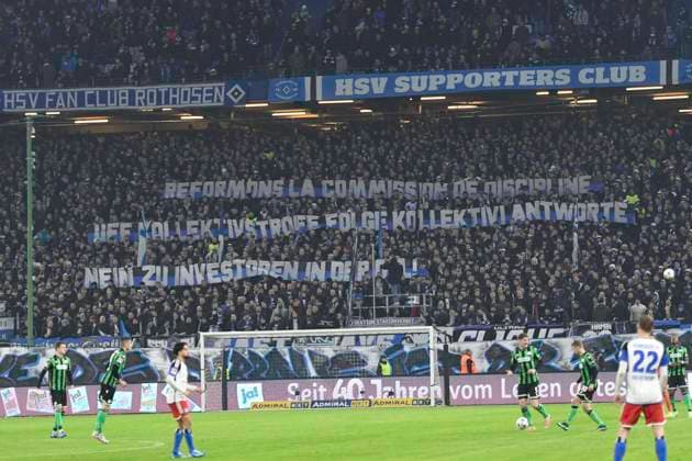 GER; 2. FBL,, Hamburger SV vs Hannover 96 09.02.2024, Volksparkstadion, Hamburg, GER; 2. FBL, Hamburger SV vs Hannover 96 im Bild die Fans des HSV protestieren gegen den DFB