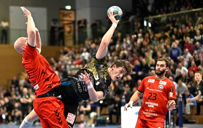 9.2.2024, Dresdens Oliver Seidler erfolgreich gegen Hamms Abwehr, Handball, 2. Bundesliga, HC Elbflorenz Dresden - ASV Hamm-Westfalen, (c) Dresden Deutschland