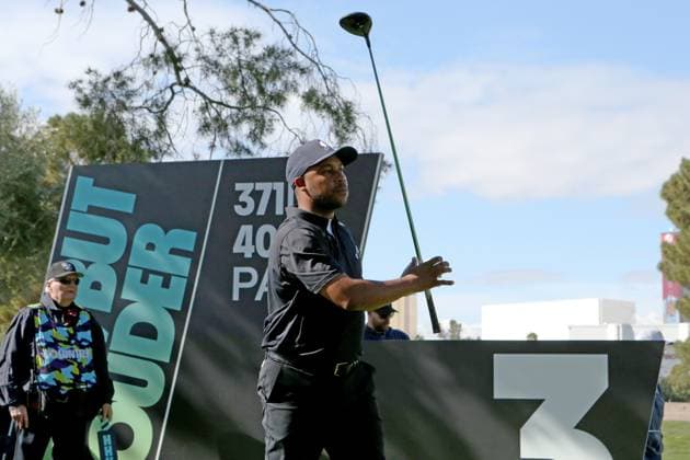 LAS VEGAS, NV - FEBRUARY 09: Harold Varner III of 4Aces GC tees off during the LIV Golf League tournament on February 09, 2024 at the Las Vegas Country Club in Las Vegas, NV. (Photo by Matthew Bolt Icon Sportswire) GOLF: FEB 09 LIV Golf League Las Vegas EDITORIAL USE ONLY Icon240209192090