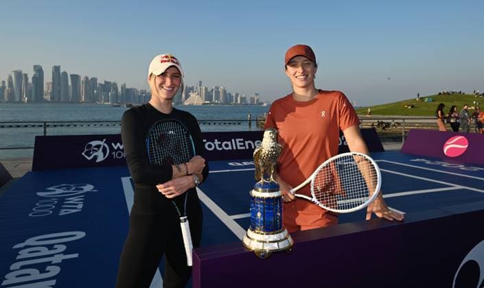 Qatar TotalEnergies Open 2024 Iga Swiatek (POL) and Marketa Vondrousova (CZE) at the Photostand at Mia Park Doha