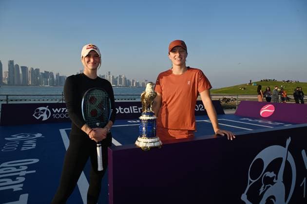 Qatar TotalEnergies Open 2024 Iga Swiatek (POL) and Marketa Vondrousova (CZE) at the Photostand at Mia Park Doha