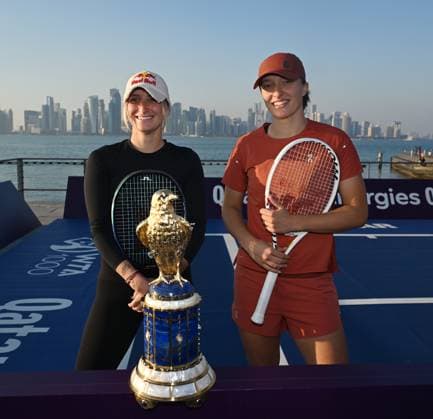Qatar TotalEnergies Open 2024 Iga Swiatek (POL) and Marketa Vondrousova (CZE) at the Photostand at Mia Park Doha
