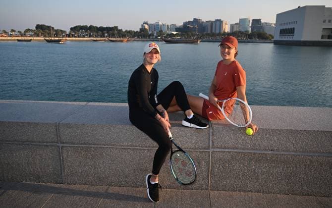 Qatar TotalEnergies Open 2024 Iga Swiatek (POL) and Marketa Vondrousova (CZE) at the Photostand at Mia Park Doha