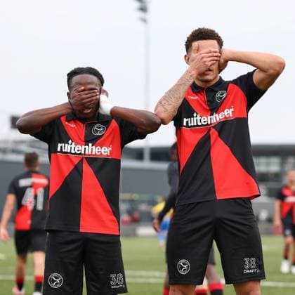 Sport Themen der Woche KW06 ALMERE , 10-02-2024 , Yanmar stadium , season 2023 2024 , Dutch football Betnation Tweede Divisie.(L-R) Jong Almere City FC player Marcelencio Esajas celebrating his goal 3-1 , Jong Almere City FC player Jayden Pinas during the match Jong Almere City - FC Lisse Jong Almere City - Lisse  x24198251x Copyright: