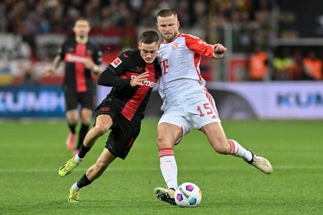 v. li. im Zweikampf Florian Wirtz ( 10, Bayer Leverkusen) Eric Dier ( 15, Bayern Muenchen) 10.02.2024 Fussball Bayer 04 Leverkusen vs FC Bayern Muenchen, BayArena, Leverkusen, DFB DFL REGULATIONS PROHIBIT ANY USE OF PHOTOGRAPHS AS IMAGE SEQUENCES AND OR QUASI-VIDEO NRW Germany