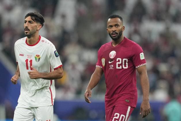 Yazan Al Naimat (Jordan) and Ahmed Fatehi (Qatar) look on, Asian Cup - Final, Jordan v Qatar, Lusail Stadium, February 10, 2024, Lusail City, Qatar.