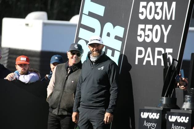 LAS VEGAS, NV - FEBRUARY 10: Dustin Johnson captain of 4Aces GC with LIV Golf™s CEO and commissioner Greg Norman prior to teeing off on the final round of the LIV Golf League tournament on February 10, 2024 at the Las Vegas Country Club in Las Vegas, NV. (Photo by Matthew Bolt Icon Sportswire) GOLF: FEB 10 LIV Golf League Las Vegas EDITORIAL USE ONLY Icon240210192806