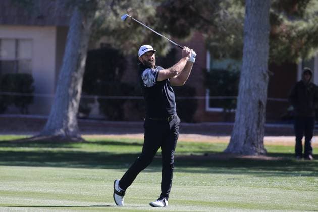 LAS VEGAS, NV - FEBRUARY 10: Dustin Johnson captain of 4Aces GC with a fairway shot during the final round of the LIV Golf League tournament on February 10, 2024 at the Las Vegas Country Club in Las Vegas, NV. (Photo by Matthew Bolt Icon Sportswire) GOLF: FEB 10 LIV Golf League Las Vegas EDITORIAL USE ONLY Icon240210193390