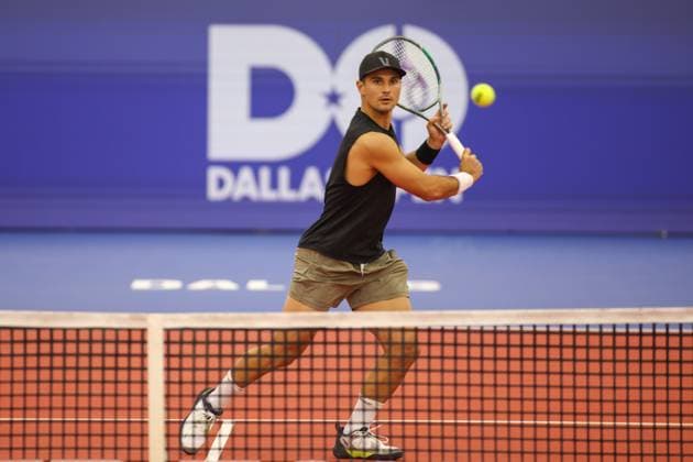 DALLAS, TX - FEBRUARY 11: Marcos Giron (USA) hits a volley during the Dallas Open on February 11, 2024 at Styslinger Altec Tennis Complex in Dallas, TX. (Photo by George Walker Icon Sportswire) TENNIS: FEB 11 Dallas Open EDITORIAL USE ONLY Icon24021101
