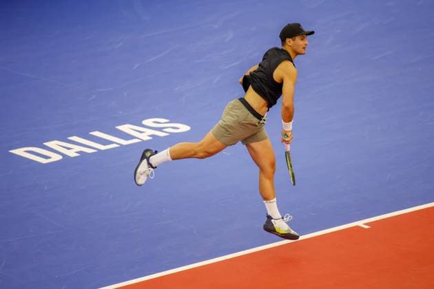 DALLAS, TX - FEBRUARY 11: Marcos Giron (USA) serves during the Dallas Open on February 11, 2024 at Styslinger Altec Tennis Complex in Dallas, TX. (Photo by George Walker Icon Sportswire) TENNIS: FEB 11 Dallas Open EDITORIAL USE ONLY Icon24021104