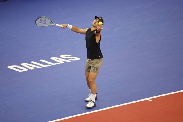DALLAS, TX - FEBRUARY 11: Marcos Giron (USA) serves during the Dallas Open on February 11, 2024 at Styslinger Altec Tennis Complex in Dallas, TX. (Photo by George Walker Icon Sportswire) TENNIS: FEB 11 Dallas Open EDITORIAL USE ONLY Icon24021105