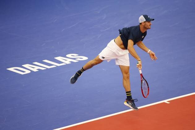 DALLAS, TX - FEBRUARY 11: Tommy Paul (USA) serves during the Dallas Open on February 11, 2024 at Styslinger Altec Tennis Complex in Dallas, TX. (Photo by George Walker Icon Sportswire) TENNIS: FEB 11 Dallas Open EDITORIAL USE ONLY Icon24021108