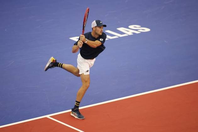 DALLAS, TX - FEBRUARY 11: Tommy Paul (USA) hits a backhand during the Dallas Open on February 11, 2024 at Styslinger Altec Tennis Complex in Dallas, TX. (Photo by George Walker Icon Sportswire) TENNIS: FEB 11 Dallas Open EDITORIAL USE ONLY Icon24021111