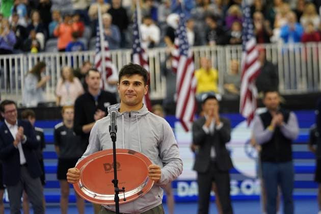 February 11, 2024, Dallas, Texas, USA: Dallas, Texas, USA: American tennis player Marcos Giron speaks to the crowd after finishing finalist of the Dallas Open at the Styslinger ALTEC Tennis Center on the campus of Southern Methodist University on Sundday February 11, 2024. Dallas USA - ZUMAv131 20240211_znp_v131_021 Copyright: xJavierxVicenciox