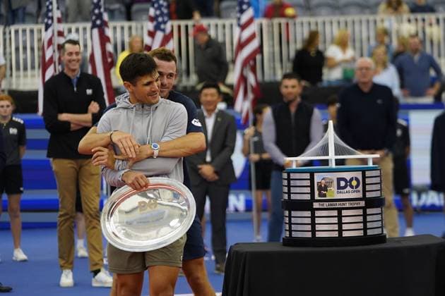 February 11, 2024, Dallas, Texas, USA: Dallas, Texas, USA: American tennis player Tommy Paul hugs finalist Marcos Giron after winning the championship game of the Dallas Open at the Styslinger ALTEC Tennis Center on the campus of Southern Methodist University on Sunday February 11, 2024. Dallas USA - ZUMAv131 20240211_znp_v131_016 Copyright: xJavierxVicenciox