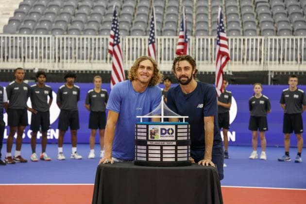 DALLAS, TX - FEBRUARY 11: Max Purcell (AUS) and Jordan Thompson (AUS) celebrate with the trophy after winning the Doubles title at the Dallas Open on February 11, 2024 at Styslinger Altec Tennis Complex in Dallas, TX. (Photo by George Walker Icon Sportswire) TENNIS: FEB 11 Dallas Open EDITORIAL USE ONLY Icon24021130