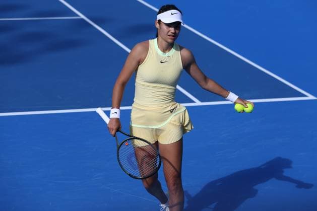 DOHA, QATAR - FEBRUARY 12: Emma Raducanu of Great Britain in action against Anhelina Kalinina of Ukraine in the first round on Day 2 during the Qatar TotalEnergies Open, part of the Hologic WTA, Tennis Damen Tour at Khalifa International Tennis and Squash Complex on February 12, 2024 in Doha, Qatar  Copyright: xx