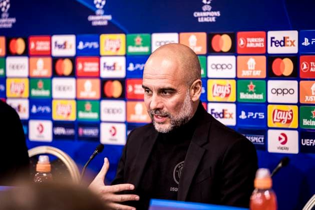 Manchester City press conference, PK, Pressekonferenz ahaed of UEFA Champions League clash in Copnhagen, Denmark Copenhagen, Denmark. 12th, February 2024. Head coach Pep Guardiola of Manchester City seen at the press conference ahead of the UEFA Champions League match between FC Copenhagen and Manchester City at Parken in Copenhagen. Copenhagen Denmark  Copyright: xGonzalesxPhoto LassexLagonix