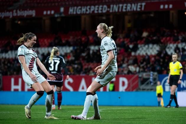 Karolina Lea Vilhjalmsdottir (Bayer 04 Leverkusen, 18), Emilie Bragstad (Bayer 04 Leverkusen, 14) jubeln ueber das Tor zum 1:2, GER, FC Nuernberg vs Bayer 04 Leverkusen, Fussball Google Pixel Frauen Bundesliga, 13. Spieltag, Saison 2023 2024, 12.02.2024 DFB regulations prohibit any use of photographs as image sequences and or quasi-video GER, FC Nuernberg vs Bayer 04 Leverkusen, Fussball Google Pixel Frauen Bundesliga, 13. Spieltag, Saison 2023 2024, 12.02.2024 Nuernberg Copyright: xEibner-Pressefoto Memmlerx EP_MMR