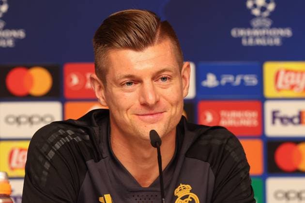Pressekonferenz Real Madrid UEFA Champions League Leipzig, 12.02.2024, Red Bull Arena, Fußball, Männer, Saison 2023 2024, UEFA Champions League, Achtelfinale, Pressekonferenz Real Madrid , Im Bild: Toni Kroos (8, Real) ,