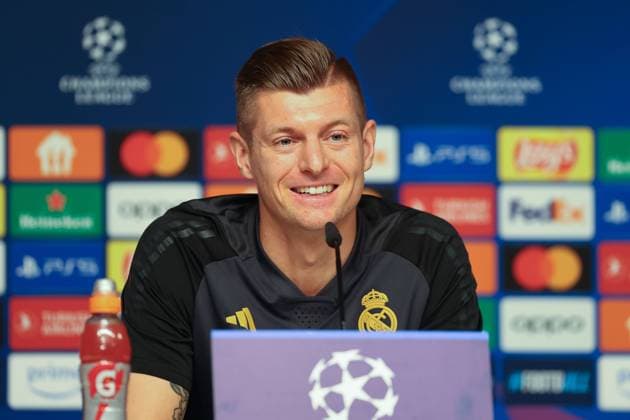 Pressekonferenz Real Madrid UEFA Champions League Leipzig, 12.02.2024, Red Bull Arena, Fußball, Männer, Saison 2023 2024, UEFA Champions League, Achtelfinale, Pressekonferenz Real Madrid , Im Bild: Toni Kroos (8, Real) ,