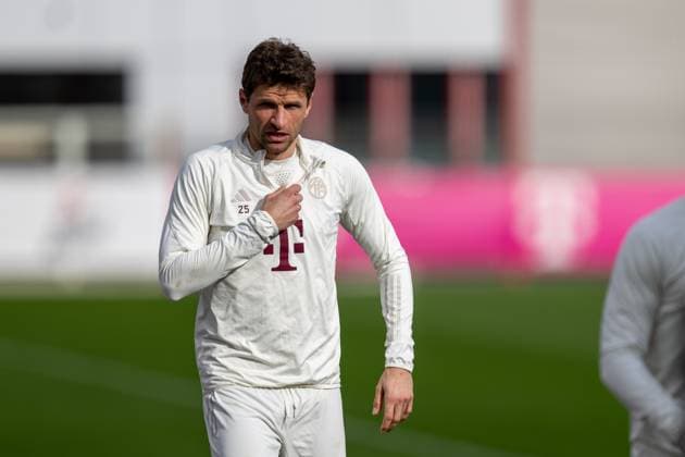 Thomas Mueller 25 (FC Bayern Muenchen) mit grimmigem Gesicht, Abschlusstraining vor dem Champions League-Spiel, Achtelfinale Hinspiel gegen Lazio Rom, Saison 2023 2024 an der Saebener Strasse. 13.02.2024 DFB regulations prohibit any use of photographs as image sequences and or quasi-video Muenchen Bayern Deutschland