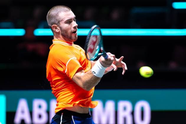 2024-02-13 ABN AMRO Open 2024 - Day 2 ROTTERDAM, NETHERLANDS - FEBRUARY 13: Borna Coric of Croatia during Day 2 of the ABN AMRO Open 2024 at Ahoy on February 13, 2024 in Rotterdam, Netherlands. (Photo by Joris Verwijst BSR Agency) Rotterdam Netherlands Content not available for redistribution in The Netherlands directly or indirectly through any third parties. Copyright: xBSRxAgencyx