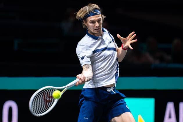 2024-02-13 ABN AMRO Open 2024 - Day 2 ROTTERDAM, NETHERLANDS - FEBRUARY 13: Alexander Bublik of Kazakhstan during Day 2 of the ABN AMRO Open 2024 at Ahoy on February 13, 2024 in Rotterdam, Netherlands. (Photo by Joris Verwijst BSR Agency) Rotterdam Netherlands Content not available for redistribution in The Netherlands directly or indirectly through any third parties. Copyright: xBSRxAgencyx
