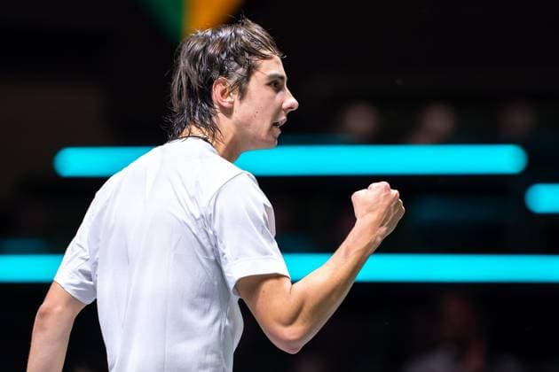 2024-02-13 ABN AMRO Open 2024 - Day 2 ROTTERDAM, NETHERLANDS - FEBRUARY 13: Alexander Shevchenko of Kazakhstan celebrates during Day 2 of the ABN AMRO Open 2024 at Ahoy on February 13, 2024 in Rotterdam, Netherlands. (Photo by Joris Verwijst BSR Agency) Rotterdam Netherlands Content not available for redistribution in The Netherlands directly or indirectly through any third parties. Copyright: xBSRxAgencyx