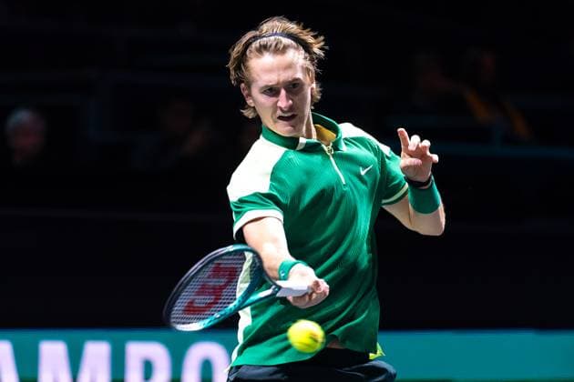 2024-02-13 ABN AMRO Open 2024 - Day 2 ROTTERDAM, NETHERLANDS - FEBRUARY 13: Sebastian Korda of USA during Day 2 of the ABN AMRO Open 2024 at Ahoy on February 13, 2024 in Rotterdam, Netherlands. (Photo by Joris Verwijst BSR Agency) Rotterdam Netherlands Content not available for redistribution in The Netherlands directly or indirectly through any third parties. Copyright: xBSRxAgencyx