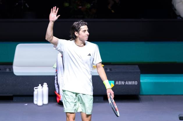 2024-02-13 ABN AMRO Open 2024 - Day 2 ROTTERDAM, NETHERLANDS - FEBRUARY 13: Alexander Shevchenko of Kazakhstan reacts during Day 2 of the ABN AMRO Open 2024 at Ahoy on February 13, 2024 in Rotterdam, Netherlands. (Photo by Joris Verwijst BSR Agency) Rotterdam Netherlands Content not available for redistribution in The Netherlands directly or indirectly through any third parties. Copyright: xBSRxAgencyx