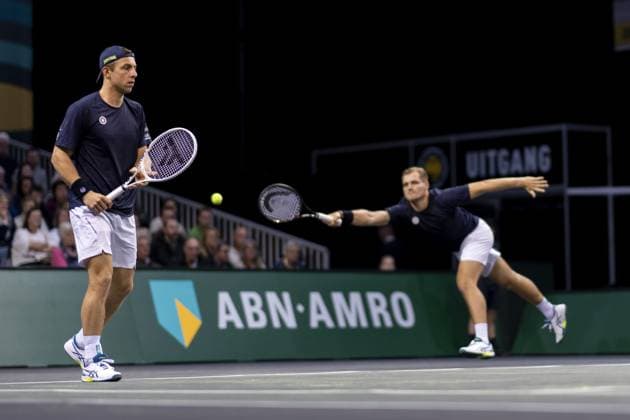 ROTTERDAM - Tallon Greekpoor and Bart Stevens (BEL) in action against Sander Gille and Joran Vliegen (BEL) during the second day of the ABN AMRO Open tennis tournament in Ahoy. ANP SANDER KONING ABN AMRO Open 2024 xVIxANPxSportx xxANPxIVx 491035845 originalFilename: 491035845.jpg