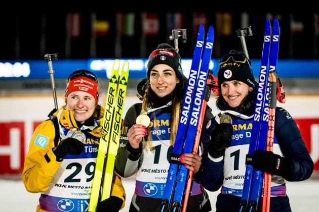 Bilder des Jahres 2024, Sport 02 Feburar Sport Themen der Woche KW07 Sport Bilder des Tages (L-R) Second placed Janina Hettich-Walz of Germany, winner Lisa Vittozzi of Italy and third Julia Simon of France after the women s 15 km individual race at the Biathlon World Championships 2024 in Nove Mesto na Morave, Czech Republic, on February 13, 2024. (CTKxPhoto JaroslavxSvoboda) CTKPhotoP2024021307238  CTKPhotoP2024021307238