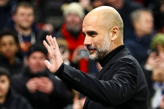 Manchester City manager Pep Guardiola greets supports before the match FC Copenhagen v Manchester City, UEFA Champions League, Round of 16, First Leg, Football, Parken Stadium, Copenhagen, Denmark - 13 Feb 2024 EDITORIAL USE ONLY No use with unauthorised audio, video, data, fixture lists, club league logos or live services. Online in-match use limited to 120 images, no video emulation. No use in betting, games or single club league player publications.  Copyright: xKieranxMcManus Shutterstockx 14343227e