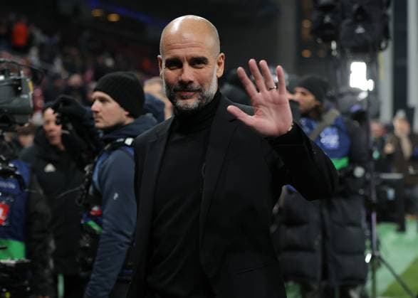 Copenhagen, Denmark, 13th February 2024. Pep Guardiola, Manager of Manchester City waves to the fans ahead of the UEFA Champions League match at Telia Parken, Copenhagen. Picture credit should read: Paul Terry Sportimage EDITORIAL USE ONLY. No use with unauthorised audio, video, data, fixture lists, club league logos or live services. Online in-match use limited to 120 images, no video emulation. No use in betting, games or single club league player publications. SPI-2935-0001