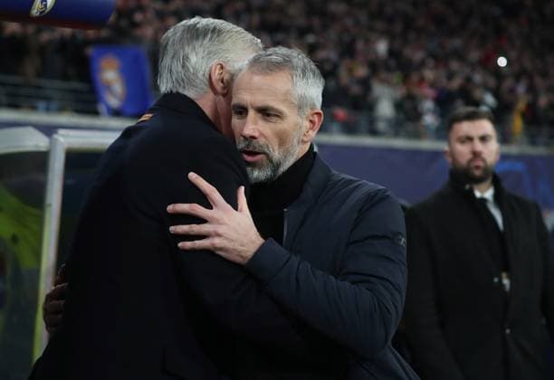 13.02.2024, xgox, Fussball UEFA Champions League 1 8 Finale, RB Leipzig - Real Madrid emspor, v.l. Trainer Carlo Ancelotti (Real Madrid), Trainer Marco Rose (RB Leipzig) (DFL DFB REGULATIONS PROHIBIT ANY USE OF PHOTOGRAPHS as IMAGE SEQUENCES and or QUASI-VIDEO) Leipzig