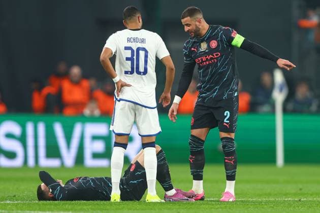 Phil Foden of Manchester City down injured FC Copenhagen v Manchester City, UEFA Champions League, Round of 16, First Leg, Football, Parken Stadium, Copenhagen, Denmark - 13 Feb 2024 EDITORIAL USE ONLY No use with unauthorised audio, video, data, fixture lists, club league logos or live services. Online in-match use limited to 120 images, no video emulation. No use in betting, games or single club league player publications.  Copyright: xKieranxMcManus Shutterstockx 14343227ax