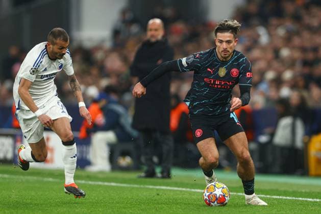 Jack Grealish of Manchester City FC Copenhagen v Manchester City, UEFA Champions League, Round of 16, First Leg, Football, Parken Stadium, Copenhagen, Denmark - 13 Feb 2024 EDITORIAL USE ONLY No use with unauthorised audio, video, data, fixture lists, club league logos or live services. Online in-match use limited to 120 images, no video emulation. No use in betting, games or single club league player publications.  Copyright: xKieranxMcManus Shutterstockx 14343227bb