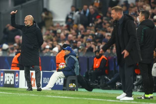 Manchester City manager Pep Guardiola gives instructions from the technical area FC Copenhagen v Manchester City, UEFA Champions League, Round of 16, First Leg, Football, Parken Stadium, Copenhagen, Denmark - 13 Feb 2024 EDITORIAL USE ONLY No use with unauthorised audio, video, data, fixture lists, club league logos or live services. Online in-match use limited to 120 images, no video emulation. No use in betting, games or single club league player publications.  Copyright: xKieranxMcManus Shutterstockx 14343227ay