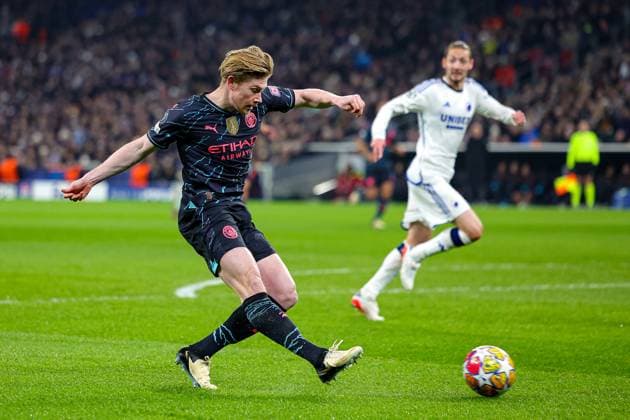 FC Copenhagen v Manchester City Champions League 13 02 2024. Goal 0-1 Kevin De Bruyne (17) of Manchester City scores a goal during the Champions League match between FC Copenhagen and Manchester City at Parken Stadium, Copenhagen, Denmark on 13 February 2024. Editorial use only , Copyright: xNigelxKeenex PSI-19018-0023