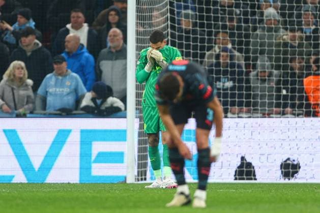 Ederson of Manchester City dejected after their mistakes leads to Magnus Mattsson of F.C. Copenhagen scoring for their side to make it 1-1 FC Copenhagen v Manchester City, UEFA Champions League, Round of 16, First Leg, Football, Parken Stadium, Copenhagen, Denmark - 13 Feb 2024 EDITORIAL USE ONLY No use with unauthorised audio, video, data, fixture lists, club league logos or live services. Online in-match use limited to 120 images, no video emulation. No use in betting, games or single club league player publications.  Copyright: xKieranxMcManus Shutterstockx 14343227be