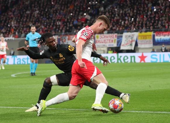 13.02.2024, xgox, Fussball UEFA Champions League 1 8 Finale, RB Leipzig - Real Madrid emspor, v.l. Daniel Olmo (RB Leipzig), Alvaro Odriozola (Real Madrid) (DFL DFB REGULATIONS PROHIBIT ANY USE OF PHOTOGRAPHS as IMAGE SEQUENCES and or QUASI-VIDEO) Leipzig