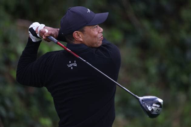 February 13, 2024, Pacific Palisades, California, USA: TIGER WOODS plays a shot from the tee box of the 13th hole during a Tuesday practice round of the The Genesis Invitational in Pacific Palisades, California Pacific Palisades USA - ZUMAt158 20240213_zsp_t158_003 Copyright: xBrentonxTsex