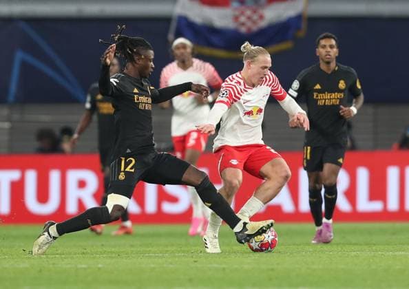 13.02.2024, xtgx, Fussball UEFA Champions League 1 8 Finale, RB Leipzig - Real Madrid emspor, v.l. Alvaro Odriozola (Real Madrid), Xaver Schlager (RB Leipzig) (DFL DFB REGULATIONS PROHIBIT ANY USE OF PHOTOGRAPHS as IMAGE SEQUENCES and or QUASI-VIDEO) Leipzig