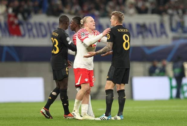 13.02.2024, xtgx, Fussball UEFA Champions League 1 8 Finale, RB Leipzig - Real Madrid emspor, v.l. Ferland Mendy (Real Madrid), Amadou Haidara (RB Leipzig), Xaver Schlager (RB Leipzig), Toni Kroos (Real Madrid) (DFL DFB REGULATIONS PROHIBIT ANY USE OF PHOTOGRAPHS as IMAGE SEQUENCES and or QUASI-VIDEO) Leipzig